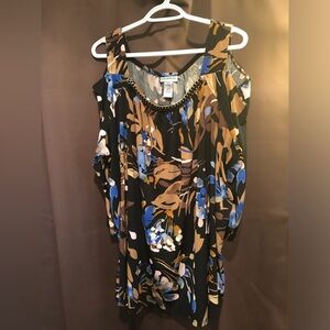 Sleek black multi coloured blouse with metal accent on collar